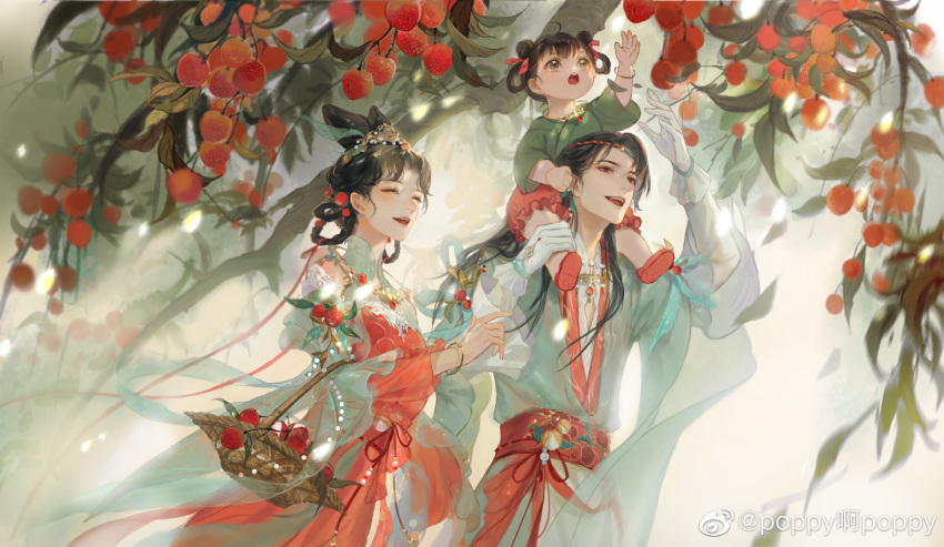 2girls arm_up basket bracelet chinese_clothes closed_eyes double_bun family food fruit hair_bun hair_rings highres holding holding_basket jewelry multiple_girls necklace open_mouth original poppy_a_poppy red_bloomers red_footwear sash teeth upper_body upper_teeth_only