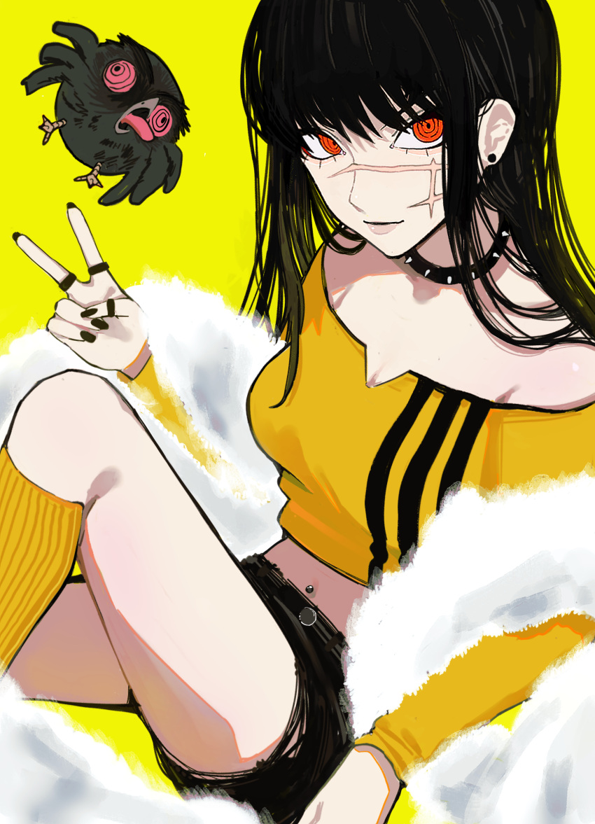 1girl absurdres bangs black_hair black_shorts chainsaw_man collar crop_top cross_scar earrings fur_scarf highres jewelry long_hair looking_at_viewer multiple_rings navel_piercing off-shoulder_sweater off_shoulder piercing red_eyes ring ringed_eyes sailen0 scar scar_on_cheek scar_on_face shorts simple_background socks solo spiked_collar spikes stud_earrings sweater v war_devil_(chainsaw_man) yellow_background yellow_socks yellow_sweater yellow_theme yoru_(chainsaw_man)