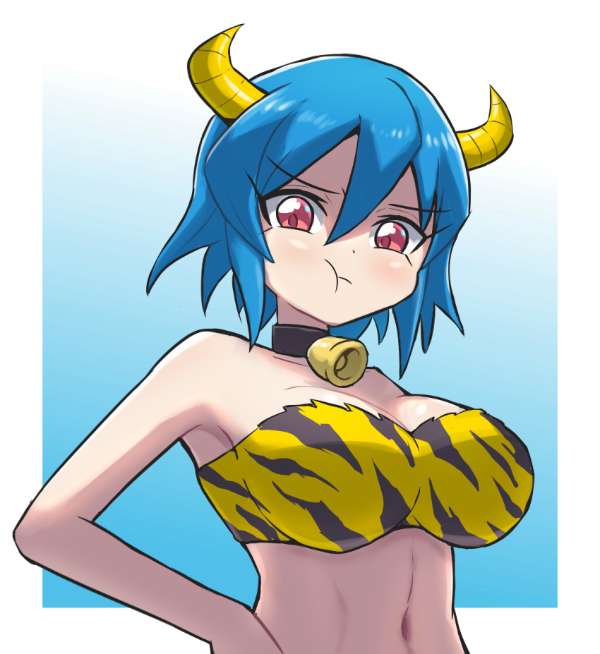 1girl animal_print bell blue_hair blush breasts closed_mouth cosplay cow_girl cow_horns cowbell highres horns jashin-chan_dropkick large_breasts looking_at_viewer minos_(jashin-chan_dropkick) navel neck_bell pout print_tube_top red_eyes setsubun shadow_(modeler3622) short_hair simple_background solo strapless tiger_print tube_top upper_body