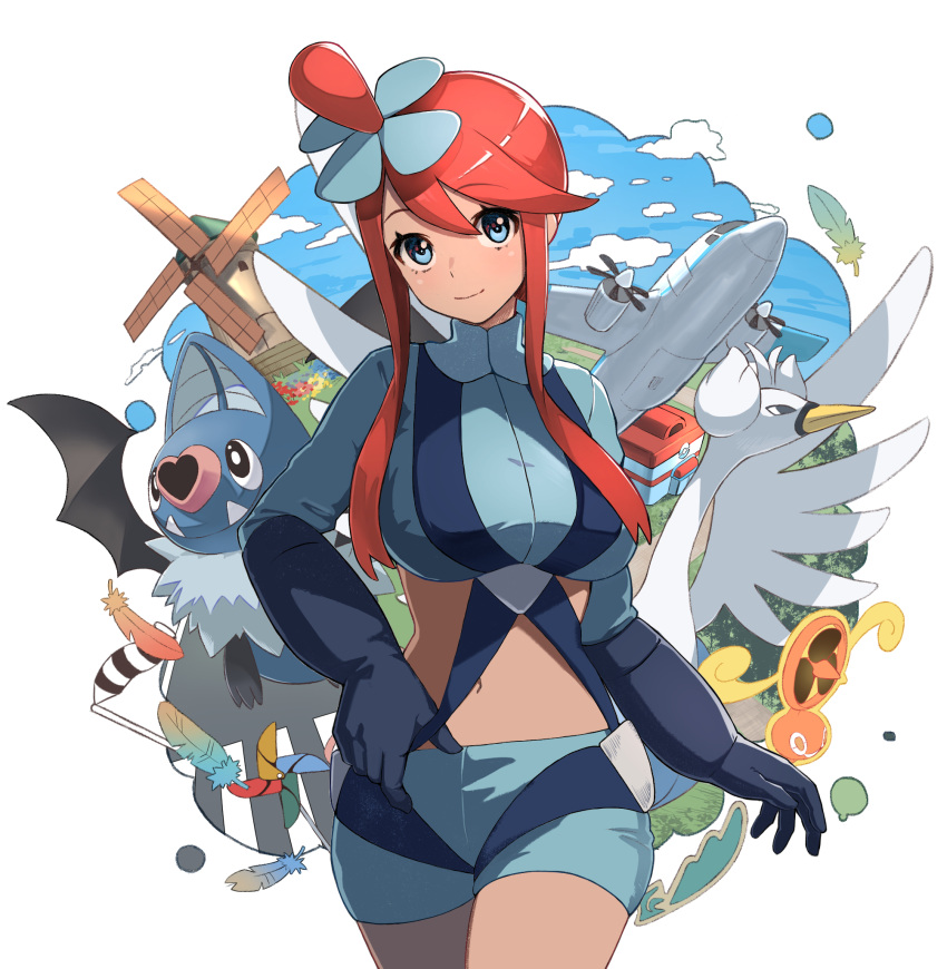 1girl aircraft airplane bird black_eyes blue_eyes blue_jacket blue_shorts bright_pupils closed_mouth cloud commentary_request cropped_jacket fangs fangs_out feathers gloves hair_ornament hand_on_hip highres hirono_(hxze4434) jacket midriff navel one_side_up pokemon pokemon_(creature) pokemon_(game) pokemon_bw pokemon_center red_hair rotom rotom_(fan) short_hair_with_long_locks short_shorts shorts sidelocks sky skyla_(pokemon) smile swanna swoobat turtleneck white_pupils windmill