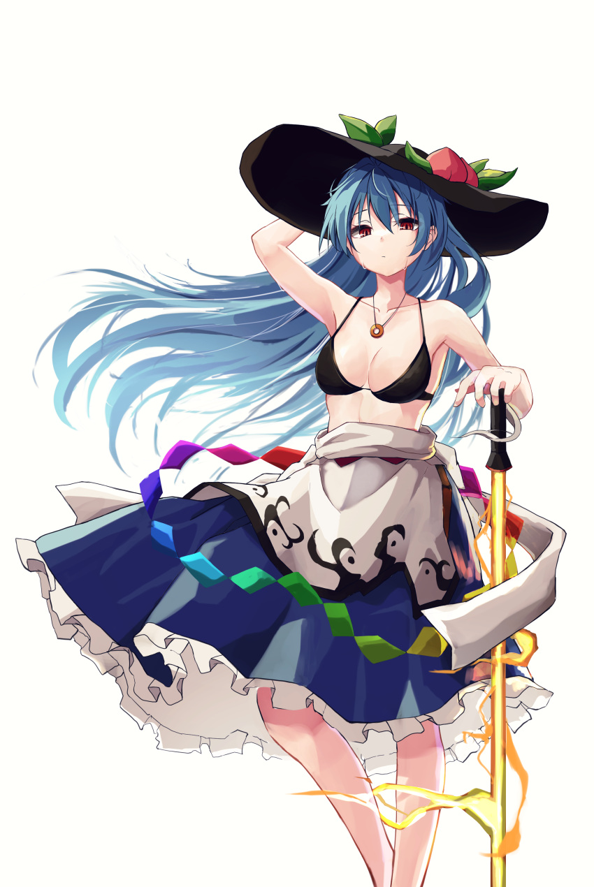 1girl absurdres apron arm_up bikini bikini_top_only black_bikini black_headwear blue_hair blue_skirt breasts cleavage collarbone commentary_request feet_out_of_frame floating_hair food frilled_skirt frills fruit hair_between_eyes hand_on_headwear hand_on_hilt hat highres hinanawi_tenshi hira-san jewelry leaf long_hair looking_at_viewer medium_breasts peach peach_hat_ornament pendant red_eyes simple_background skirt solo sweat swimsuit sword_of_hisou touhou waist_apron white_apron white_background
