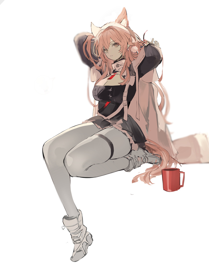 1girl absurdres adjusting_hair animal_ears arknights arms_up bangs boots breasts brown_eyes cleavage cup earrings extra_ears full_body highres jewelry knee_boots koio large_breasts long_hair looking_at_viewer mug official_alternate_costume pantyhose parted_lips pink_hair pozyomka_(arknights) pozyomka_(snowy_plains_in_words)_(arknights) sitting solo tail thigh_strap very_long_hair white_footwear white_pantyhose wolf_ears wolf_girl wolf_tail