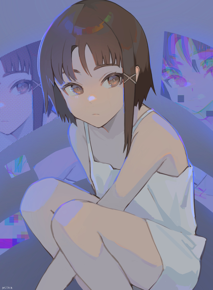 1girl artist_name asymmetrical_hair bangs bare_shoulders between_legs brown_eyes brown_hair expressionless feet_out_of_frame from_side glitch hair_ornament halftone halftone_background hand_between_legs highres hologram iwakura_lain knees_up looking_at_viewer milka_(milk4ppl) parted_bangs serial_experiments_lain shirt short_hair signature sleeveless sleeveless_shirt solo spaghetti_strap squatting white_shirt x_hair_ornament