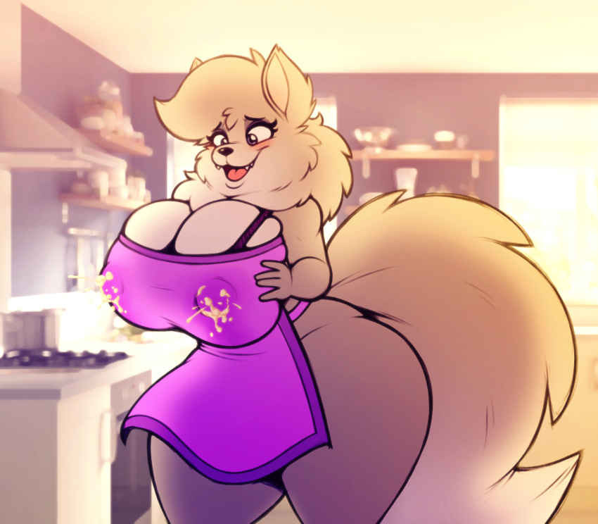 2019 anthro apron big_breasts biped blush bodily_fluids breasts canid canine canis cleavage clothed clothing female fur hi_res huge_breasts inside kitchen lactating lactating_through_clothing mammal mature_anthro mature_female milk nipple_outline open_mouth open_smile robin_(stunnerpony) smile solo stunnerpony wet wet_clothing wide_hips wolf