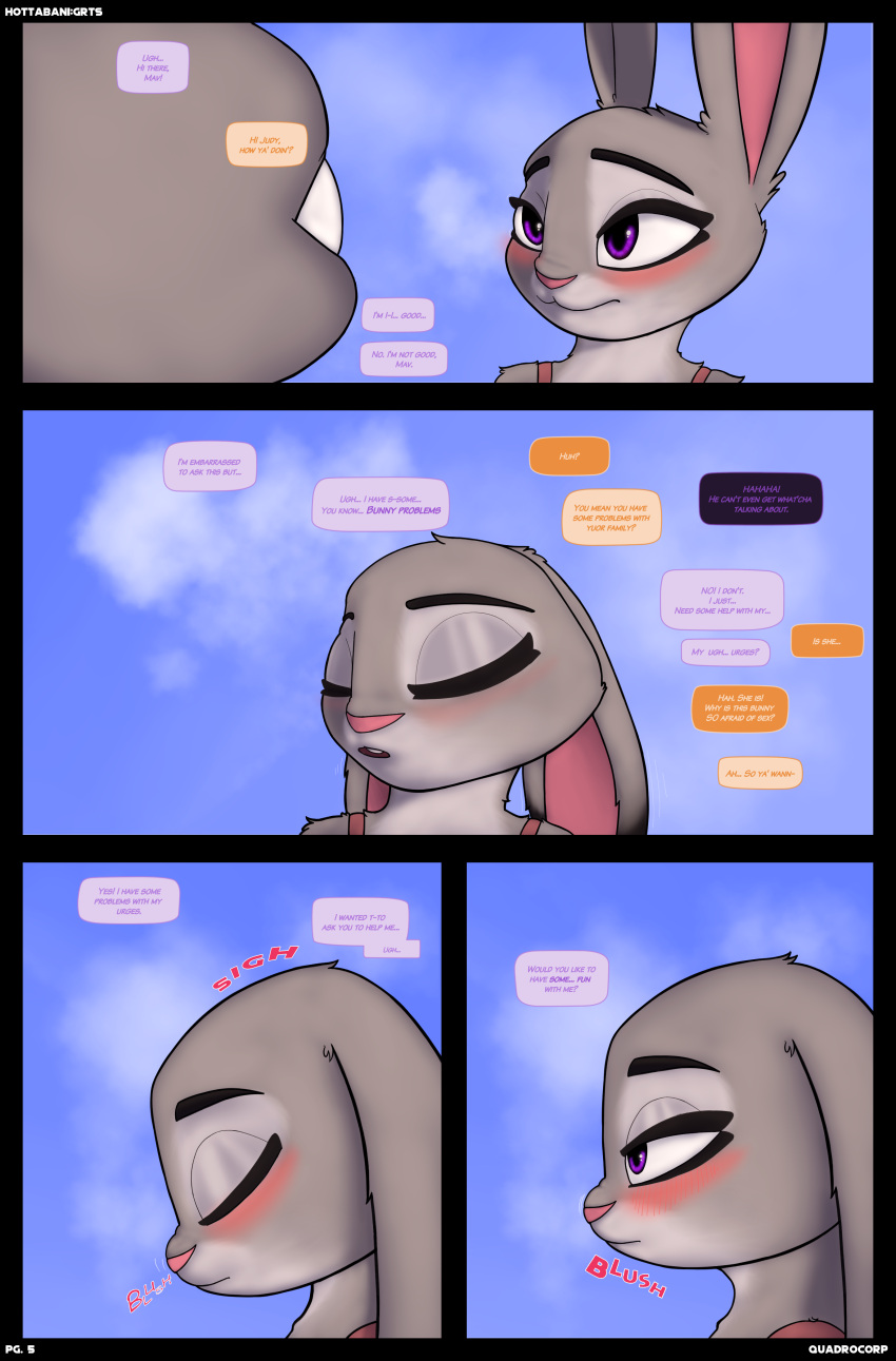 absurd_res anthro blush comic dialogue digital_media_(artwork) disney duo eyelashes eyes_closed female fur furbeyond grey_body grey_fur hi_res judy_hopps lagomorph leporid light_body light_fur male mammal purple_eyes rabbit shaded zootopia