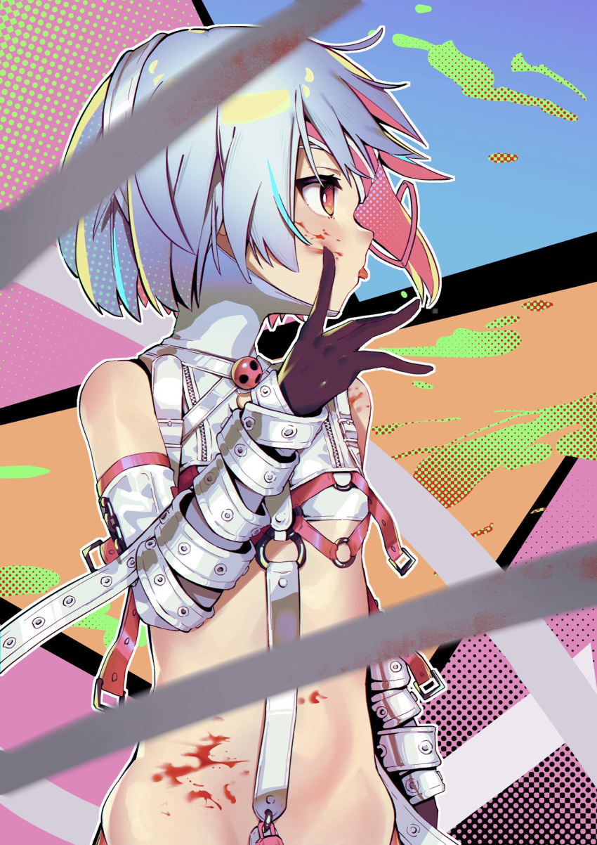 1girl 3_tree ball_gag bare_shoulders black_gloves blood blood_on_face blood_stain crop_top dohna_dohna_issho_ni_warui_koto_o_shiyou elbow_gloves flat_chest gag gloves hair_ornament heart heart_hair_ornament highres layered_gloves lock multicolored_background multicolored_hair multiple_straps padlock pink_eyes pink_hair porno_(dohna_dohna) profile revealing_clothes short_hair solo strap tongue tongue_out two-tone_hair upper_body white_hair wiping_blood