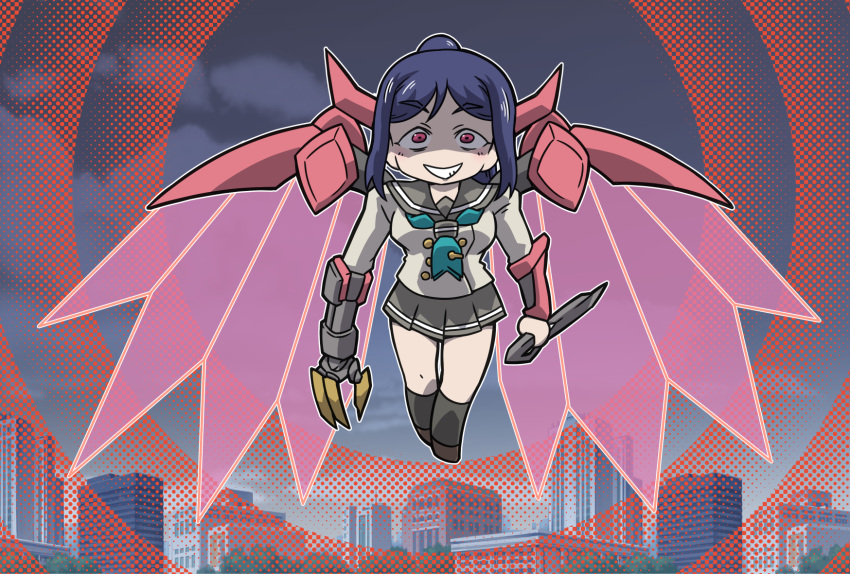 1girl airborne alternate_eye_color bangs blue_hair breasts building chibi cityscape claws cloud cloudy_sky code_geass commentary_request company_connection dagger energy_wings evil_eyes evil_grin evil_smile floating full_body grin guren_seiten high_ponytail highres holding holding_dagger holding_knife holding_weapon knife long_hair looking_at_viewer love_live! love_live!_sunshine!! masedamokei matsuura_kanan mecha_musume mechanical_arms medium_breasts night night_sky ponytail reverse_grip school_uniform sidelocks single_mechanical_arm sky smile sunrise_(company) uranohoshi_school_uniform waves weapon