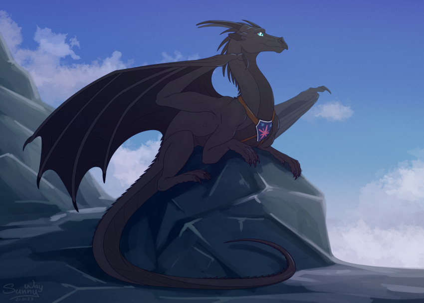 black_body claws digital_drawing_(artwork) digital_media_(artwork) dragon feral friendship_is_magic guard hasbro hi_res horn male mountain my_little_pony scalie sky solo sunny_way western_dragon wings