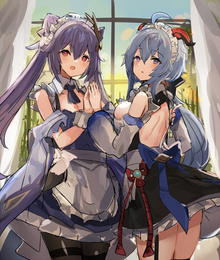 2girls ahoge alternate_costume apron bangs bare_shoulders bell black_pantyhose blue_hair blush braid breasts commentary_request cone_hair_bun detached_sleeves double_bun dress flower flower_ornament frilled_dress frills ganyu_(genshin_impact) genshin_impact goat_horns hair_bun hair_flower hair_ornament highres horns keqing_(genshin_impact) large_breasts long_hair long_sleeves looking_at_viewer maid maid_apron maid_headdress medium_breasts multiple_girls open_mouth pantyhose pink_eyes puffy_sleeves purple_eyes purple_hair rope sidelocks skirt smile the_olphy thighhighs twintails vision_(genshin_impact) white_flower white_sleeves