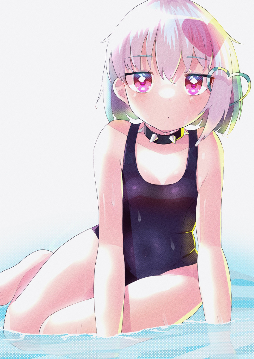 1girl absurdres arm_support backlighting blush breasts collar dohna_dohna_issho_ni_warui_koto_o_shiyou dot_mouth expressionless hair_ornament heart heart_hair_ornament highres kainekodash looking_at_viewer multicolored_hair one-piece_swimsuit partially_submerged pink_eyes pink_hair porno_(dohna_dohna) school_swimsuit short_hair sitting small_breasts solo spiked_collar spikes swimsuit two-tone_hair water white_background white_hair