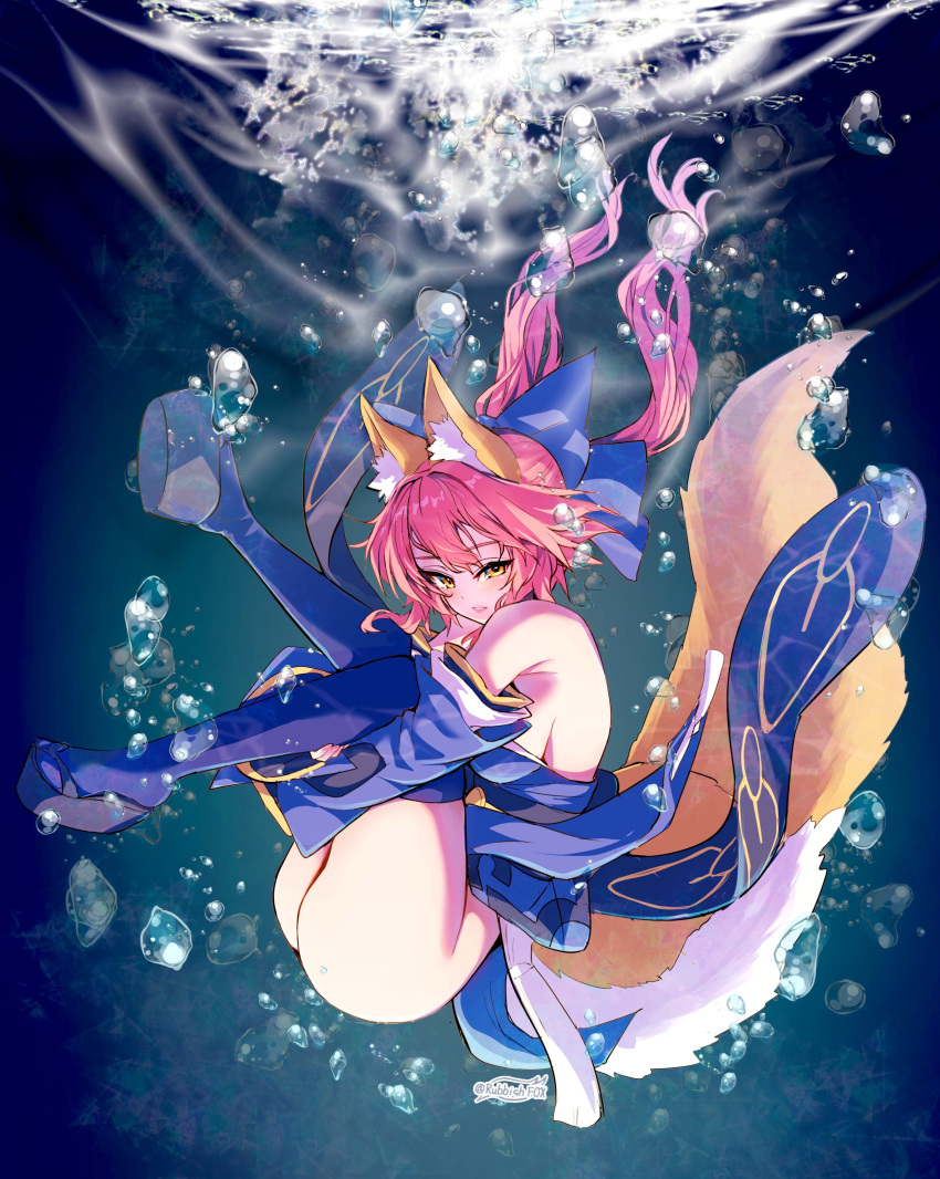 1girl absurdres animal_ear_fluff animal_ears ass blue_kimono breasts bubble fate/extra fate_(series) fox_ears fox_girl fox_tail highres holding_legs japanese_clothes kimono large_breasts looking_at_viewer solo tail tamamo_(fate) tamamo_no_mae_(fate/extra) underwater wisespeak