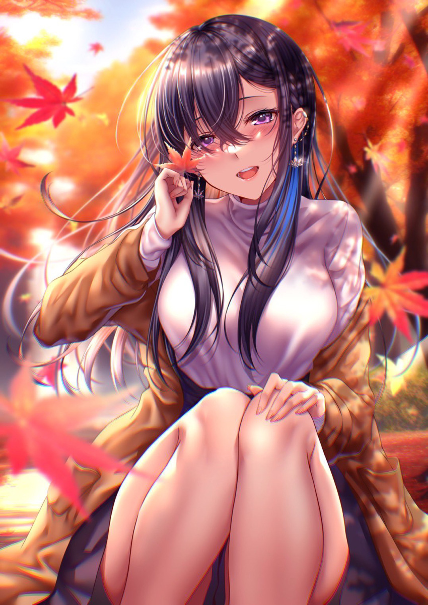 1girl bangs black_skirt blush breasts brown_coat coat crossed_bangs earrings falling_leaves feet_out_of_frame foliage hair_between_eyes hair_over_breasts hand_on_own_knee high-waist_skirt highres holding holding_leaf ichinose_uruha jewelry large_breasts leaf leaf_print legs_together lips long_sleeves looking_at_viewer lupinus_virtual_games maple_leaf maple_leaf_print maple_tree off_shoulder open_mouth outdoors pleated_skirt purple_eyes rairaisuruyo sidelocks skirt smile solo sunlight sweater teeth tree tree_shade turtleneck turtleneck_sweater upper_teeth_only virtual_youtuber vspo! white_sweater