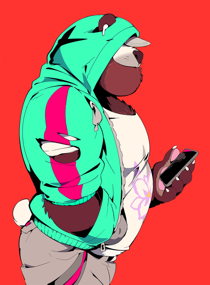 2019 absurd_res airpods anthro barazoku bear beard belly big_belly big_butt big_pecs butt clothing drawstring facial_hair giant_panda hand_in_pocket hat_over_eyes hi_res holding_object holding_phone hoodie male mammal musclegut obscured_eyes pawpads paws pecs phone pockets red_background shaded shirt side_view simple_background solo super-tuler tail tairu topwear torn_hoodie