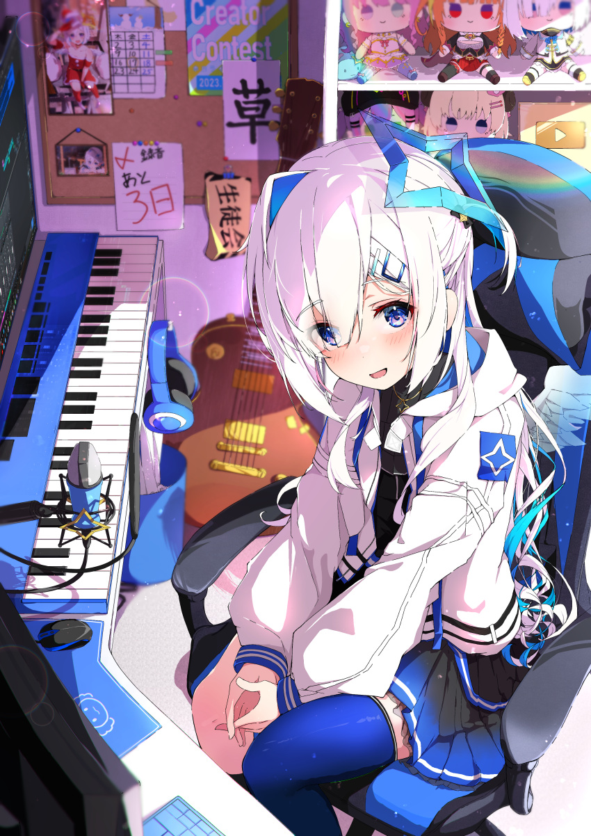 1girl absurdres amane_kanata bangs black_shirt black_skirt black_socks blue_skirt blue_thighhighs blush boom_microphone chair day gaming_chair gradient_skirt guitar hair_between_eyes hair_ornament hair_over_shoulder hairclip headphones highres hololive instrument jacket jewelry keyboard_(computer) long_hair long_sleeves looking_at_viewer microphone mouse mouse_(computer) necklace on_chair open_clothes open_jacket open_mouth own_hands_together piano picture_(object) pleated_skirt purple_eyes shelf shirt sidelocks single_thighhigh sitting skirt smile socks solo spice_mega stuffed_animal stuffed_toy sunlight swivel_chair thighhighs v_arms virtual_youtuber white_hair white_jacket