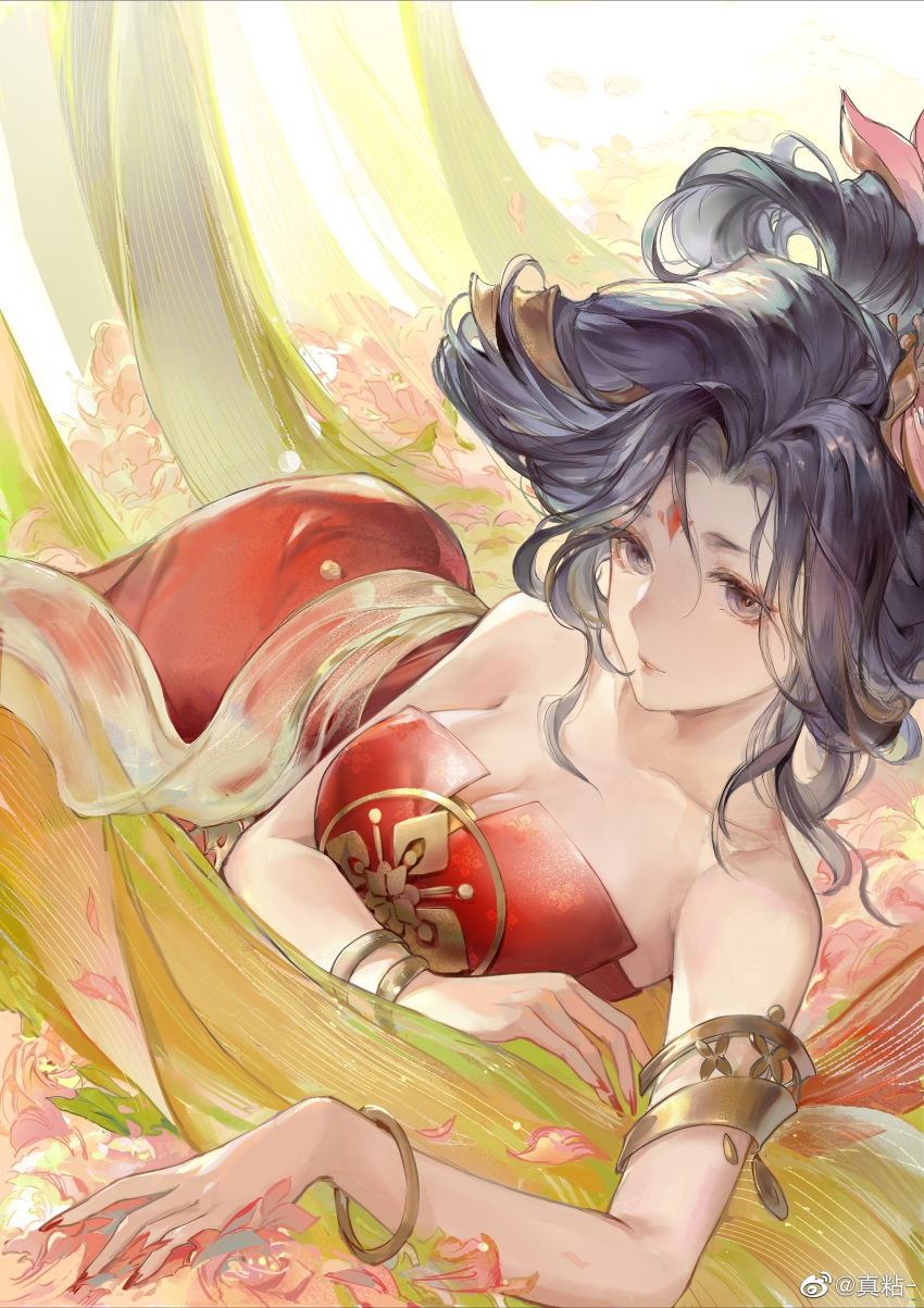 1girl absurdres armlet bare_shoulders black_hair bracelet breasts dress facial_mark field flower flower_field forehead_mark hair_ornament highres huanyoucai jewelry large_breasts lying on_side parted_lips pink_flower red_dress solo streamers upper_body wang_chuan_feng_hua_lu yang_guifei_(wang_chuan_feng_hua_lu)