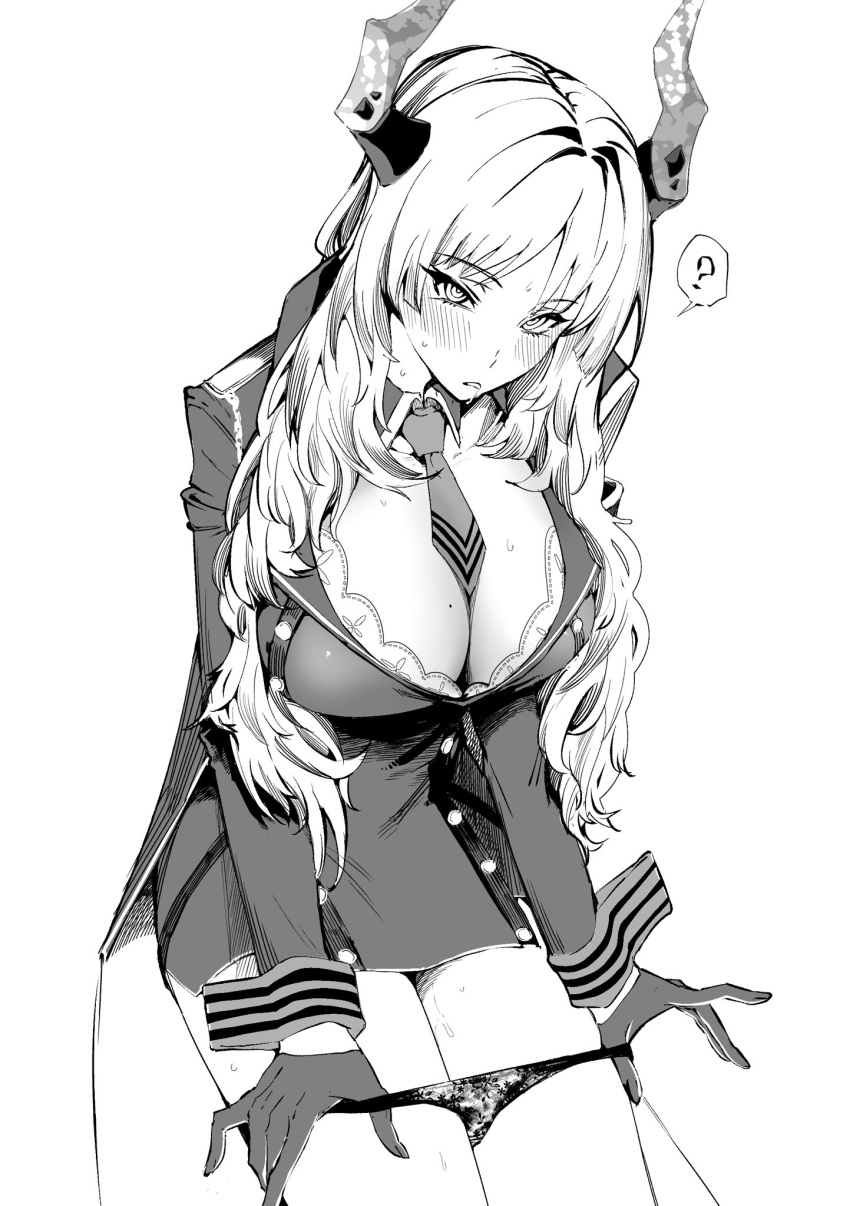 1girl ? @_@ blue_archive blush bra bra_peek breasts cleavage demon_horns detached_collar feet_out_of_frame gloves greyscale half_gloves highres horns hypnosis large_breasts long_hair long_sleeves looking_at_viewer military_jacket mind_control mole mole_on_breast monochrome necktie panties panty_pull saliva satsuki_(blue_archive) simple_background solo spoken_question_mark underwear white_background yamamoto_kichiko