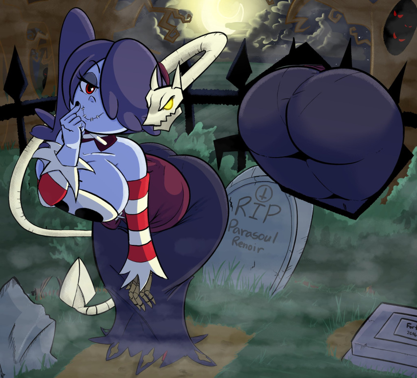 bent_over big_breasts big_butt bone breasts butt butt_focus cemetery clothing detailed_background dress duo eyelashes female feral front_view grass hair hi_res huge_butt humanoid leviathan_(skullgirls) lewdpunch male moon night plant ponytail purple_body purple_clothing purple_dress purple_hair rear_view red_eyes reptile scalie sewn_mouth side_ponytail skullgirls smile snake squigly thick_thighs tombstone undead white_body wide_hips yellow_eyes zombie