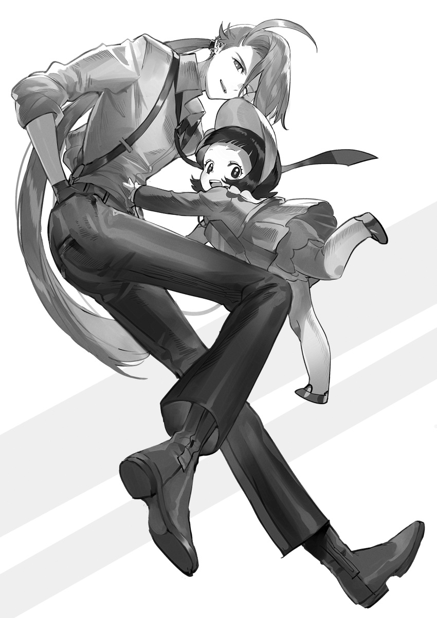 2girls :d absurdres androgynous bangs black_hair black_necktie black_pants blunt_bangs bob_cut child collared_shirt commentary dauheikin_pkpk dress ear_piercing earrings female_child from_below full_body greyscale hands_in_pockets height_difference highres jewelry jumping long_hair long_sleeves looking_at_viewer looking_down low_ponytail midair monochrome multiple_girls necktie one_eye_closed open_mouth outstretched_arms pants piercing pokemon pokemon_(game) pokemon_sv poppy_(pokemon) reverse_trap rika_(pokemon) shirt shoes short_hair simple_background smile suspender_pants suspenders swept_bangs visor_cap white_background