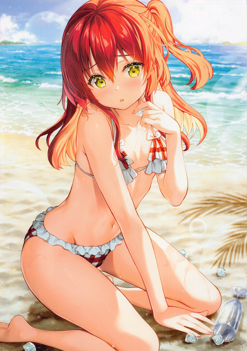 1girl absurdres bangs bare_arms bare_shoulders beach bikini blurry blurry_background blush bocchi_the_rock! breasts collarbone frilled_bikini frills fujima_takuya hair_between_eyes highres holding ice ice_cube kita_ikuyo kneeling lens_flare light_rays long_hair looking_at_viewer navel non-web_source one_side_up outdoors parted_lips plaid plaid_bikini red_hair sidelocks small_breasts solo stomach swimsuit twitter_username wet yellow_eyes