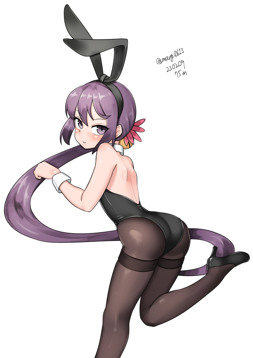 1girl absurdres akebono_(kancolle) animal_ears bell black_leotard black_pantyhose bunny_pose cowboy_shot dated detached_collar embarrassed fake_animal_ears flower hair_bell hair_flower hair_ornament highres jingle_bell kantai_collection leaning_forward leotard long_hair looking_at_viewer maru_(marg0613) one-hour_drawing_challenge pantyhose playboy_bunny purple_eyes purple_hair rabbit_ears side_ponytail simple_background solo strapless strapless_leotard thighband_pantyhose twitter_username very_long_hair white_background wrist_cuffs