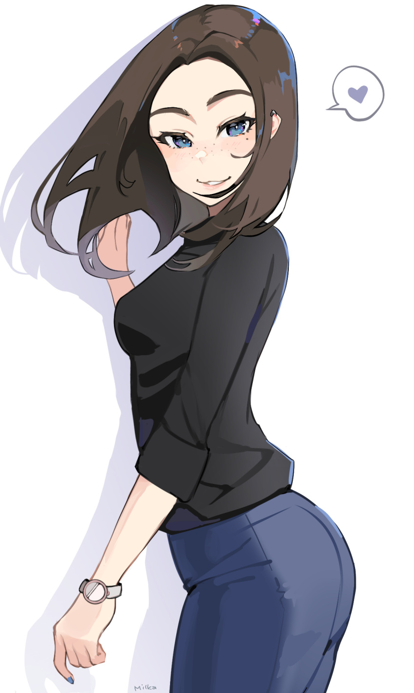 1girl black_shirt blue_eyes blue_nails blush brown_hair eyelashes floating_hair freckles from_side hand_up heart highres long_hair looking_at_viewer looking_to_the_side milka_(milk4ppl) mole mole_under_eye nail_polish pants parted_lips samsung samsung_sam shirt signature sleeves_rolled_up smile solo spoken_heart watch wristwatch