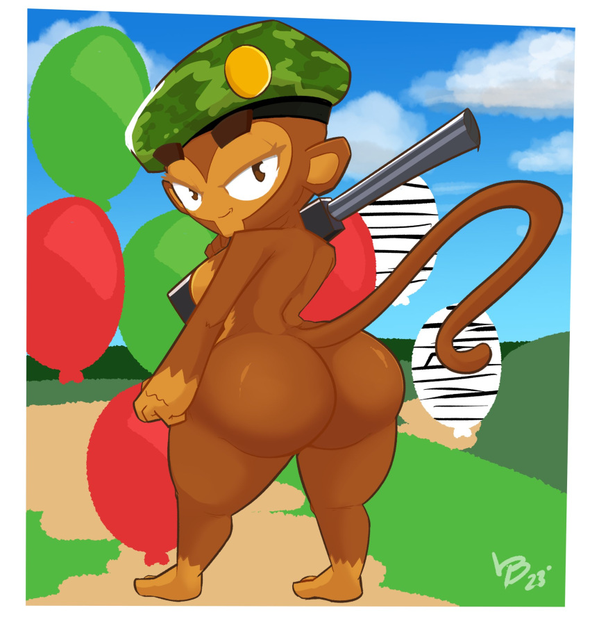 anthro balloon beret big_butt bloons_tower_defense breasts brown_body brown_eyes brown_fur butt clothing eyebrows eyelashes female fur gun haplorhine hat headgear headwear hi_res holding_gun holding_object holding_weapon inflatable lewdpunch long_tail looking_at_viewer looking_back looking_back_at_viewer mammal monkey ninja_kiwi nude primate ranged_weapon rear_view smile solo tail thick_eyebrows thick_thighs weapon wide_hips