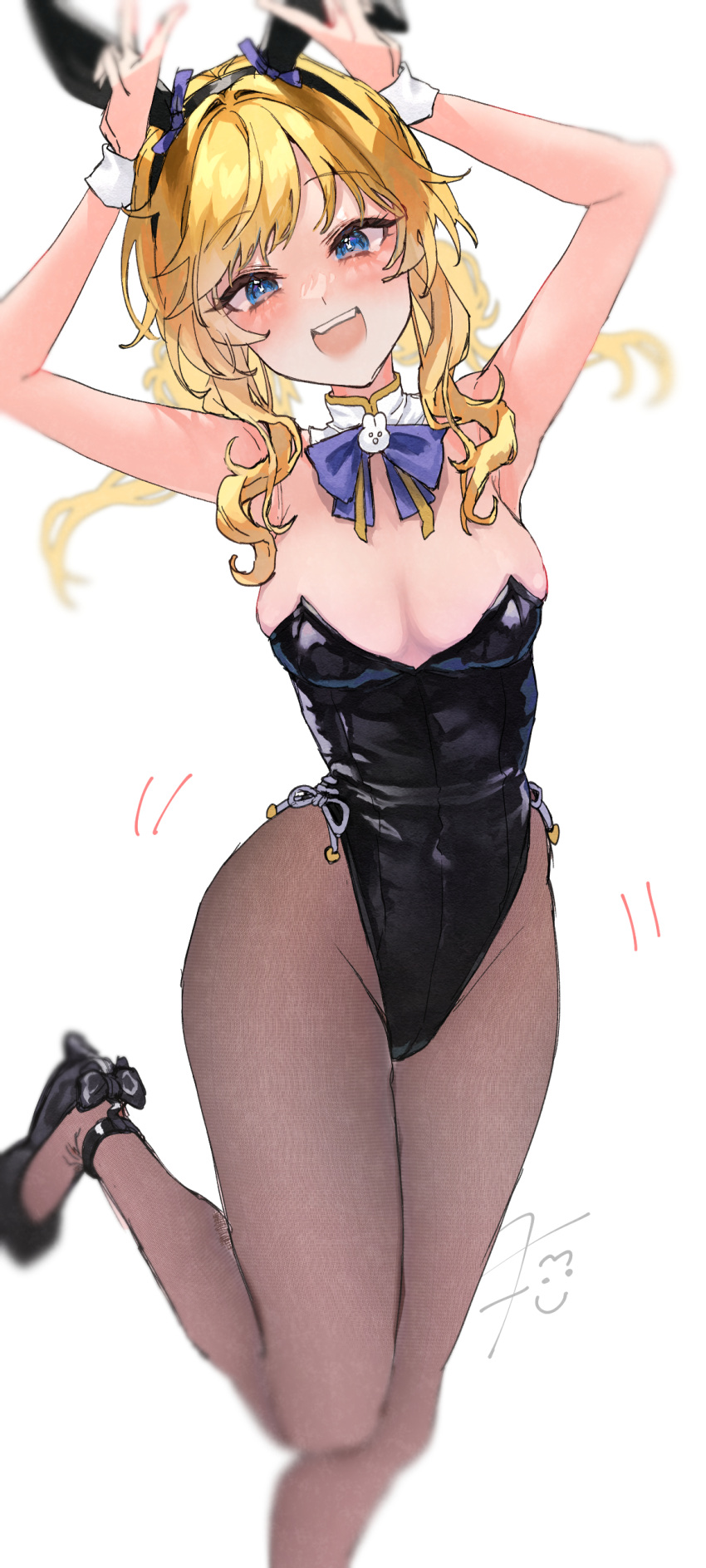 1girl absurdres alternate_costume animal_ears black_leotard black_pantyhose blonde_hair blue_eyes blue_ribbon blush breasts cleavage covered_navel detached_collar double_v fake_animal_ears fujima_(k114) groin high_heels highres idolmaster idolmaster_cinderella_girls leotard looking_at_viewer medium_breasts neck_ribbon ohtsuki_yui pantyhose playboy_bunny rabbit_ears ribbon simple_background smile solo standing standing_on_one_leg strapless strapless_leotard teeth twintails upper_teeth_only v wavy_hair white_background wrist_cuffs