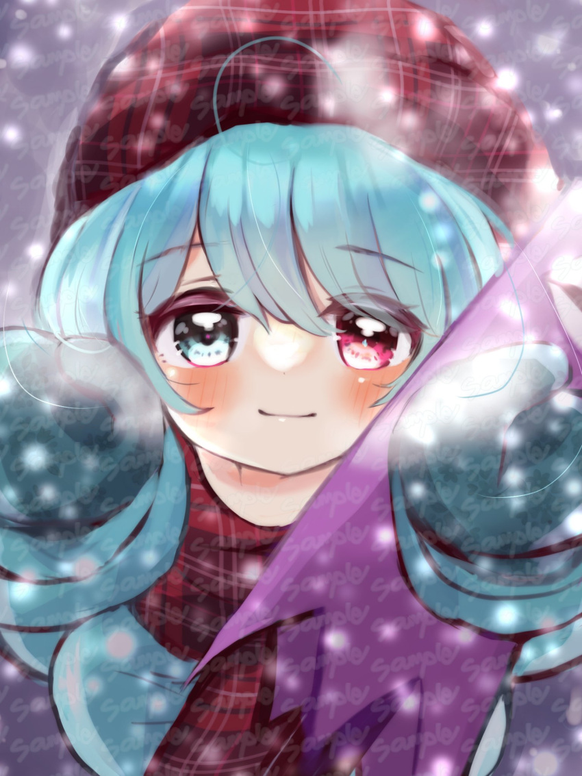 1girl ahoge bangs blue_eyes blue_hair closed_mouth commentary_request commission heterochromia highres looking_at_viewer multiple_sources ol07469724 red_eyes red_scarf sample_watermark scarf short_hair skeb_commission smile solo tatara_kogasa touhou upper_body winter_clothes