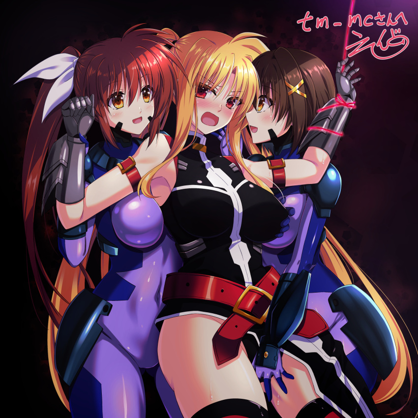 3girls black_thighhighs blonde_hair blue_bodysuit blush bodysuit breast_grab breasts brown_hair endori fate_testarossa grabbing grabbing_from_behind hair_ornament hair_ribbon hairclip hand_on_another's_thigh highres large_breasts long_hair looking_at_another lyrical_nanoha mahou_shoujo_lyrical_nanoha_strikers multiple_girls numbers'_uniform open_mouth red_eyes restrained ribbon shiny_skin short_hair side_ponytail smile takamachi_nanoha thighhighs yagami_hayate yellow_eyes yuri
