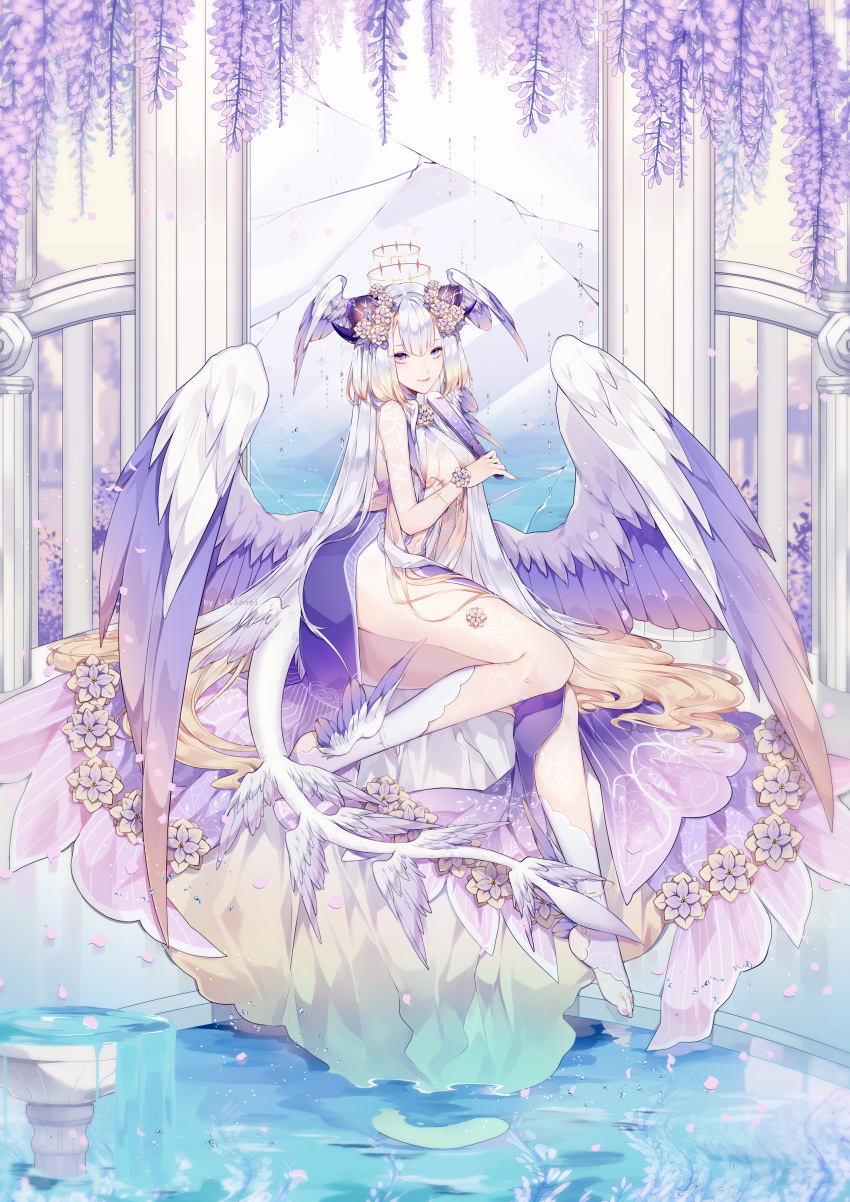 1girl absurdly_long_hair absurdres angel_wings bare_shoulders blonde_hair bridal_legwear colored_tips commission flower full_body halo hand_fan highres holding holding_fan light_smile lilianei long_hair looking_at_viewer multicolored_hair multicolored_wings original painttool_sai_(medium) purple_eyes purple_wings sitting solo straight_hair tail two-tone_hair very_long_hair wariza water white_hair white_wings wings wisteria