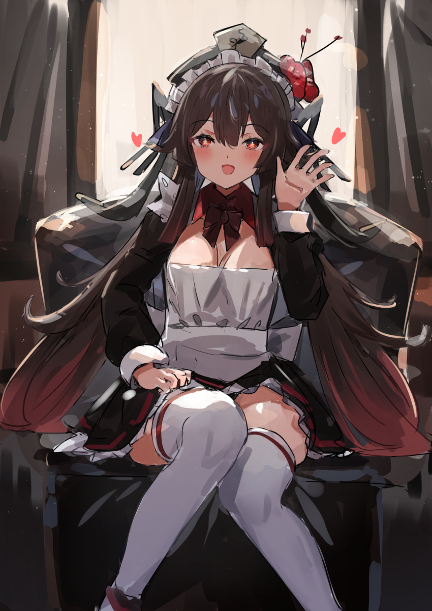 1girl alternate_costume apron bangs black_hair black_headwear black_skirt blush breasts cleavage commentary_request couch detached_collar flower-shaped_pupils frilled_skirt frills genshin_impact gradient_hair hair_between_eyes hair_ornament hand_up hat heart highres hu_tao_(genshin_impact) indoors knees_together_feet_apart long_hair long_sleeves looking_at_viewer maid maid_apron maid_headdress multicolored_hair on_couch open_mouth pleated_skirt red_eyes red_hair sitting skirt solo spoken_heart symbol-shaped_pupils the_olphy thighhighs twintails very_long_hair white_thighhighs