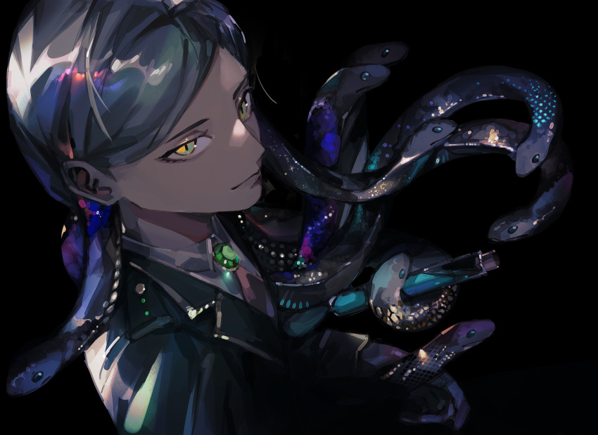 1boy androgynous black_background black_jacket brooch closed_mouth collared_shirt dark_skin from_above from_side gem gloves green_eyes green_gemstone grey_hair highres holding jacket jewelry liquid living_hair long_hair long_sleeves looking_at_viewer looking_up male_focus monster_boy original shirt simple_background snake_hair solo test_tube torinodesu4 upper_body yellow_eyes