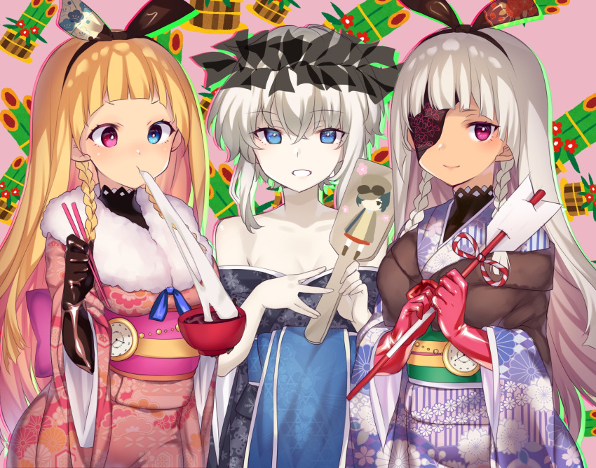 3girls alicesoft alyce_(dohna_dohna) am_isuel arrow_(projectile) bare_shoulders black_bodysuit black_gloves blonde_hair blue_eyes bodysuit bodysuit_under_clothes bowl braid breasts chopsticks company_connection crook_mofus dark-skinned_female dark_skin dohna_dohna_issho_ni_warui_koto_o_shiyou eating food fur_collar gloves grey_hair hairband hamaya hanetsuki heterochromia highres holding holding_bowl holding_chopsticks japanese_clothes kadomatsu kimono kouhaku_nawa laurel_crown light_blush long_hair looking_at_viewer mochi multiple_girls new_year obi off_shoulder paddle pale_skin pink_eyes pocket_watch print_kimono rance_(series) red_gloves rope sash shimenawa short_hair_with_long_locks side_braids small_breasts smile upper_body watch white_hair wide_sleeves yammy_(dohna_dohna) yononaka