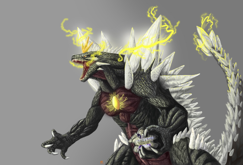 alien anthro back_spikes black_body black_scales body_crystals chest_crystal claws clubbed_tail crossover crystal dinosaur electricity electricity_manipulation elemental_manipulation glowing godzilla_(series) half_body head_crest hi_res kaiju long_tail male monster multicolored_body multicolored_scales muscular muscular_male open_mouth red_body red_eyes red_scales reptile riamus01 roaring rubble scales scalie sharp_claws sharp_teeth solo spacegodzilla spiked_tail spikes spikes_(anatomy) story story_in_description tail teeth toho tongue weapon_tail