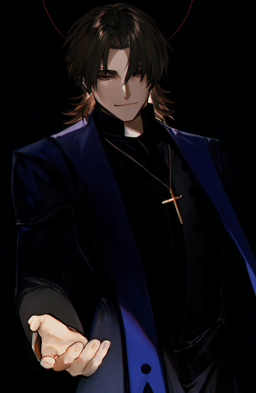 1boy absurdres albino_(a1b1n0623) black_background black_eyes brown_hair cross cross_necklace fate/grand_order fate_(series) highres jewelry kotomine_kirei male_focus necklace priest rasputin_(fate) reaching_towards_viewer scarf smile