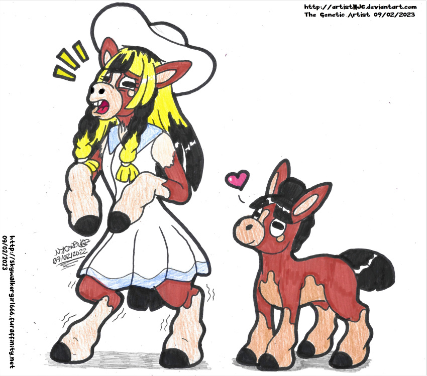 &lt;3 absurd_res artistnjc asinus clothed clothing colored donkey duo equid equine female feral furaffinity game_freak generation_7_pokemon hair_color_change hat headgear headwear hi_res hooves horizontal_pupils horse human humanoid lillie_(pokemon) male mammal mudbray nintendo open_mouth pigtails pokemon pokemon_(species) pokemon_transformation pupils shaking_legs signature simple_background species_transformation surprised_expression traditional_media_(artwork) transfomation transformation young