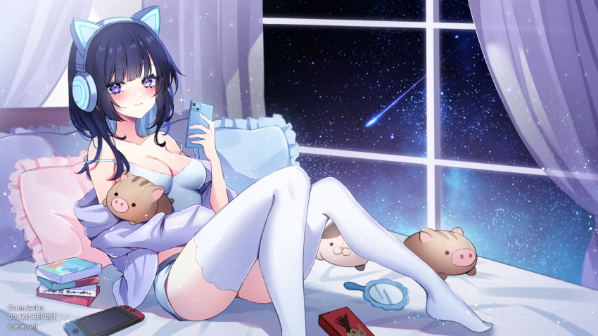 1girl animal_ear_headphones animal_ears bangs bed bed_sheet black_hair blue_camisole blue_hair blush book book_stack breasts camisole cellphone cleavage collarbone colored_inner_hair commentary_request curtains eneru_(enepuni) fake_animal_ears headphones highres holding holding_phone holding_stuffed_toy indoors jacket long_hair looking_at_viewer medium_breasts meteor mirror multicolored_hair night night_sky nintendo_switch on_bed original phone pillow purple_eyes purple_jacket scenery short_shorts shorts sidelocks sitting sky sleepwear smartphone smile solo star_(sky) starry_sky stuffed_toy thighhighs two-tone_hair white_thighhighs window