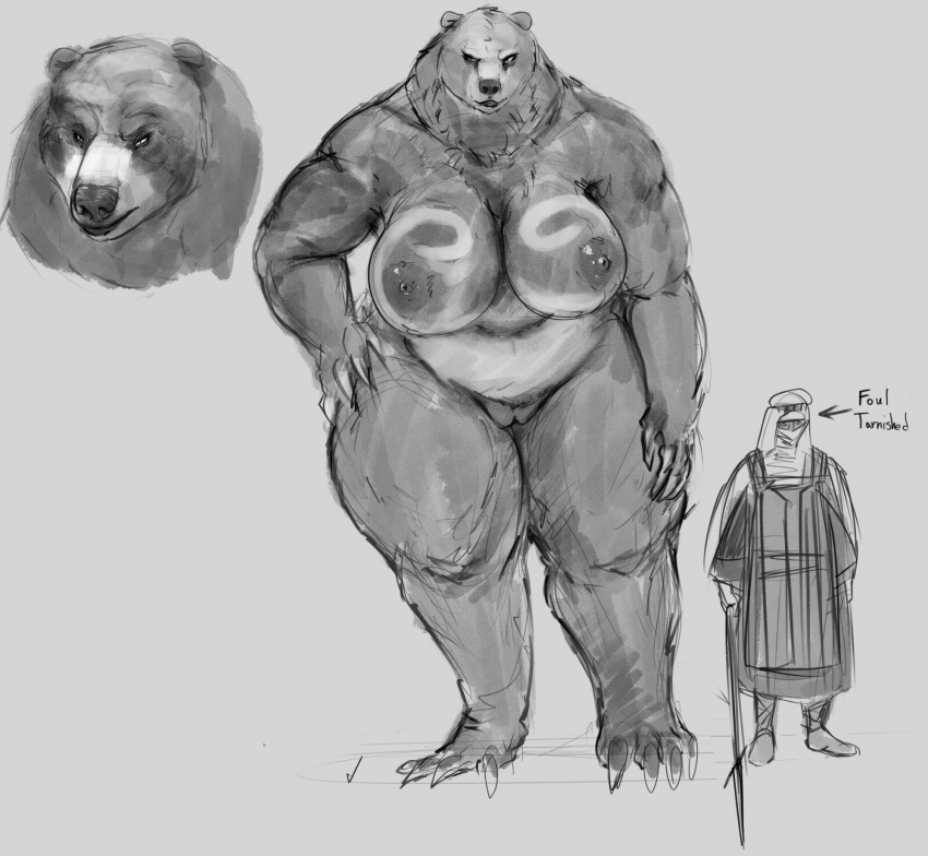 2023 anthro bear big_breasts biped breasts claws digital_media_(artwork) doctordj duo elden_ring english_text female finger_claws fromsoftware genitals greyscale hi_res holding_object holding_spear holding_weapon human larger_anthro larger_female male mammal melee_weapon monochrome nipples polearm pussy runebear_(elden_ring) simple_background size_difference smaller_human smaller_male spear text thick_thighs toe_claws weapon white_background wide_hips