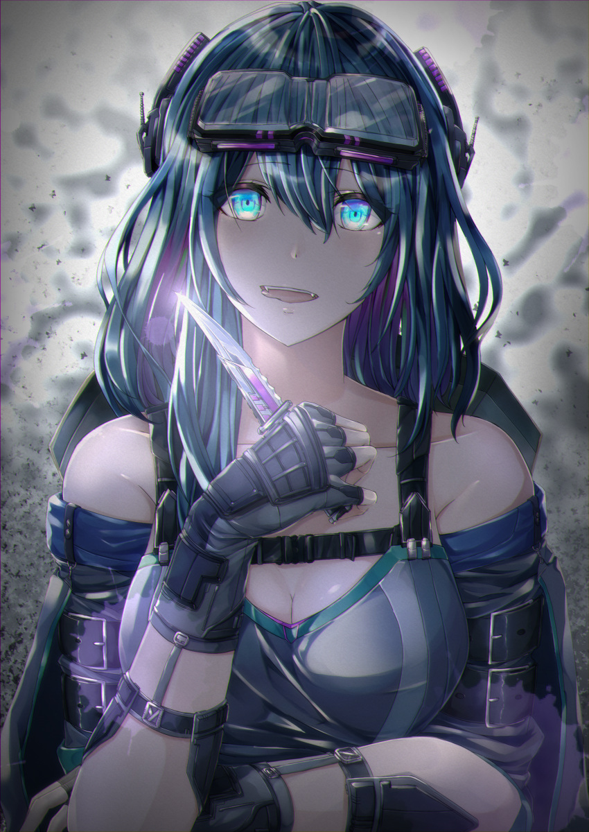 1girl absurdres attempted_suicide bare_shoulders black_hair blue_eyes breasts detached_sleeves eyewear_on_head fingerless_gloves gloves grey_gloves hair_between_eyes headgear highres holding holding_knife knife long_hair medium_breasts open_mouth original sheep76