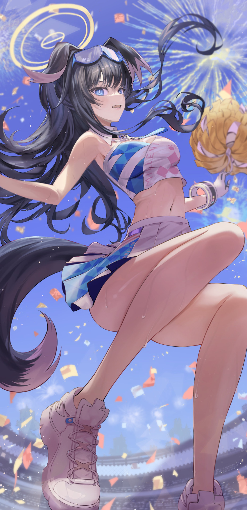 1girl absurdres aerial_fireworks animal_ears atatatatame01 bangs black_hair blue_archive blue_eyes breasts cheerleader collar commentary_request confetti crop_top crying crying_with_eyes_open detached_collar dog_ears dog_girl dog_tail fireworks floating_hair gloves goggles goggles_on_head halo hibiki_(blue_archive) hibiki_(cheerleader)_(blue_archive) highres holding holding_pom_poms long_hair looking_at_viewer medium_breasts miniskirt navel official_alternate_costume open_mouth outdoors pleated_skirt pom_pom_(cheerleading) shoes sidelocks skirt sneakers solo stomach sweat tail tears wet white_collar white_footwear white_gloves white_skirt yellow_halo