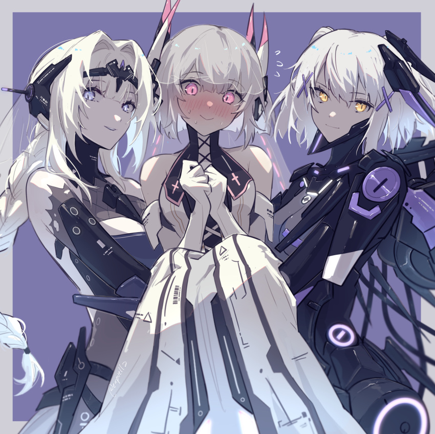 3girls bare_shoulders bianca_(punishing:_gray_raven) blush braid braided_ponytail carrying carrying_person closed_mouth crown_hair_ornament cyborg dress elbow_gloves embarrassed gloves grey_hair hair_ornament headgear headphones highres liv_(punishing:_gray_raven) long_hair mao_(expuella) mechanical_legs mechanical_parts mechanical_wings medium_hair multiple_girls orange_eyes pink_eyes punishing:_gray_raven rosetta_(punishing:_gray_raven) sidelocks sweatdrop teamwork white_dress white_gloves white_hair wings x_hair_ornament