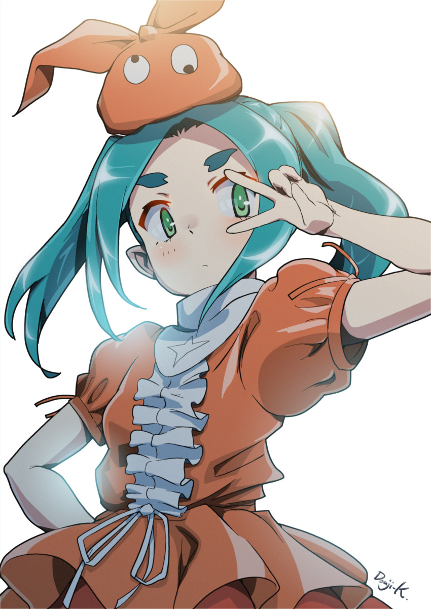 1girl absurdres aqua_eyes aqua_hair bangs dress empty_eyes expressionless googly_eyes hand_on_hip hand_up highres kuroneko_douji monogatari_(series) object_on_head ononoki_yotsugi orange_dress parted_bangs puffy_short_sleeves puffy_sleeves ribbon short_sleeves signature solo thick_eyebrows twintails v white_ribbon