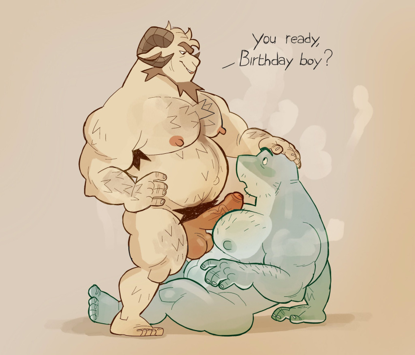 2023 abs anthro anthro_on_anthro arm_hair armpit_hair balls beard belly belly_hair biceps big_belly big_penis birthday birthday_sex body_hair bovid butt caprine chest_hair dialogue dominant dominant_male duo erection eye_contact facial_hair feet fish forearm_hair forearms foreskin genitals hand_on_head hi_res horn imminent_oral imminent_sex leg_hair looking_at_another male male/male mammal marine musclegut muscular muscular_male muscular_thighs nipples nude pecs penis penis_on_chest pubes sex shark shoulder_hair simple_background sitting slightly_chubby smallsrabbit standing triceps vein veiny_penis