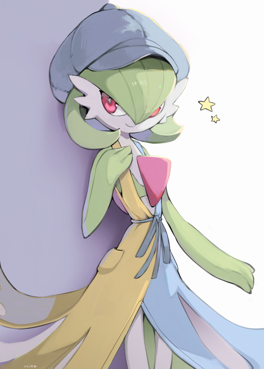 closed_mouth clothed_pokemon gardevoir gardevoir_(cafe) grey_headwear hand_up hat highres looking_to_the_side milka_(milk4ppl) pink_eyes pokemon pokemon_(creature) pokemon_(game) pokemon_unite ribbon smile star_(symbol)