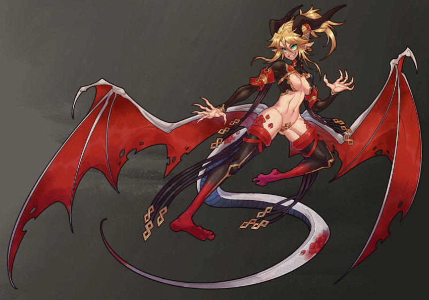 1girl abs black_background breasts dragon_girl dragon_horns dragon_tail dragon_wings english_text fate/grand_order fate_(series) green_eyes highres horns light_brown_hair long_hair maebari meow_on_road mordred_(fate) mordred_(fate/apocrypha) navel pointy_ears ponytail revealing_clothes scar scar_on_stomach small_breasts tail wings