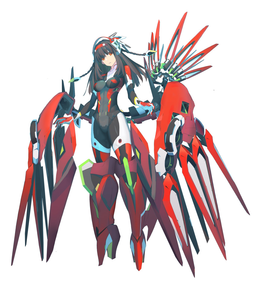 1girl black_bodysuit black_hair bodysuit commentary_request guratan headgear highres impossible_bodysuit impossible_clothes long_hair mecha_musume mechanical_wings open_mouth original red_eyes rigging white_background wings