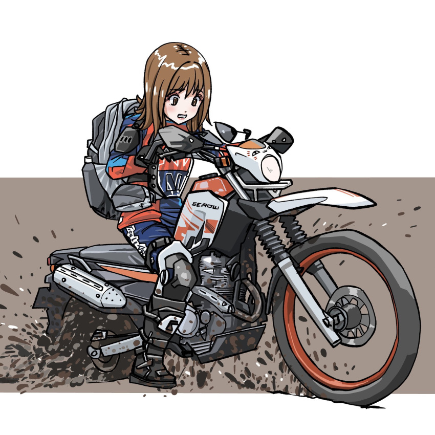 1girl backpack bag bangs black_footwear blue_pants boots brown_eyes brown_hair dirtbike ground_vehicle highres looking_down medium_hair motor_vehicle motorcycle mud original pants red_shirt scared shin_osawa shirt solo vehicle_focus