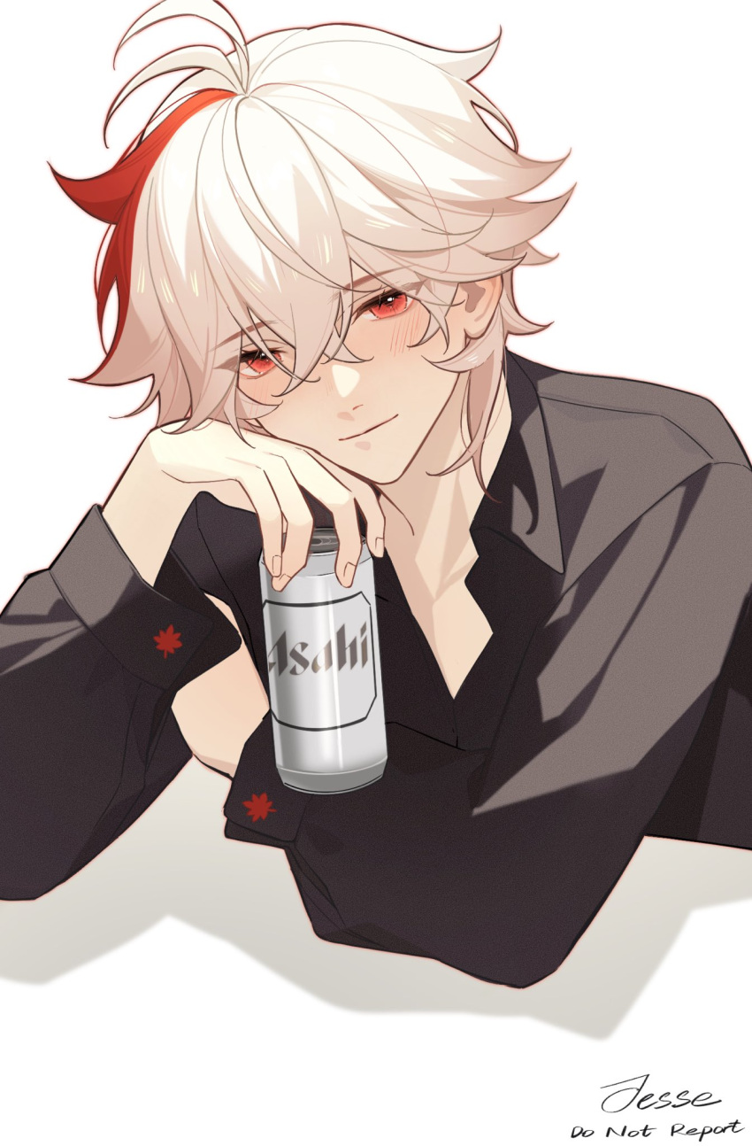 1boy alcohol alternate_costume asahi_breweries bangs beer beer_can black_shirt blush can closed_mouth collared_shirt drunk english_commentary genshin_impact hair_between_eyes highres holding jesse_(pixiv34586727) kaedehara_kazuha long_sleeves looking_at_viewer male_focus multicolored_hair red_eyes red_hair shirt signature simple_background solo streaked_hair upper_body white_background white_hair