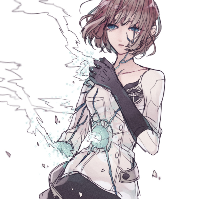 1girl amputee bangs black_gloves blue_eyes blurry breasts brown_hair cracked_skin dai2kakuu depth_of_field dissolving gloves hand_up hole_on_body injury light_particles long_sleeves looking_away messy_hair nasu_rei nasu_squad's_uniform shards short_hair simple_background smoke solo white_background world_trigger