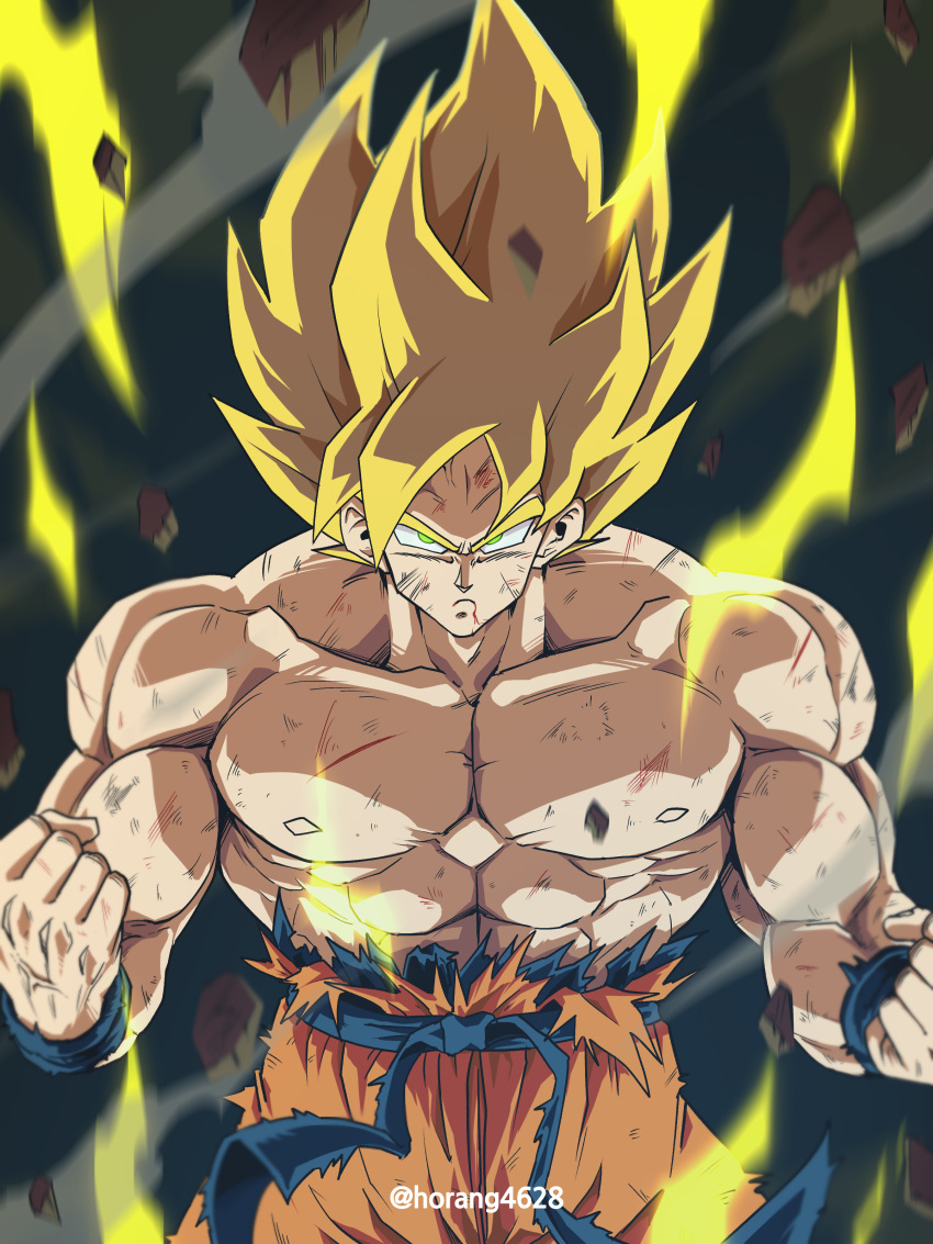 1boy absurdres artist_name biceps blonde_hair blood blood_from_mouth blue_sash blue_wristband clenched_hands closed_mouth collarbone commentary_request dougi dragon_ball dragon_ball_z electricity energy floating_rock frown green_eyes highres horang4628 korean_commentary looking_at_viewer male_focus muscular muscular_male pectorals ribs rock sash scratches serious solo son_goku spiked_hair super_saiyan super_saiyan_1 topless_male torn_clothes twitter_username v-shaped_eyebrows wristband